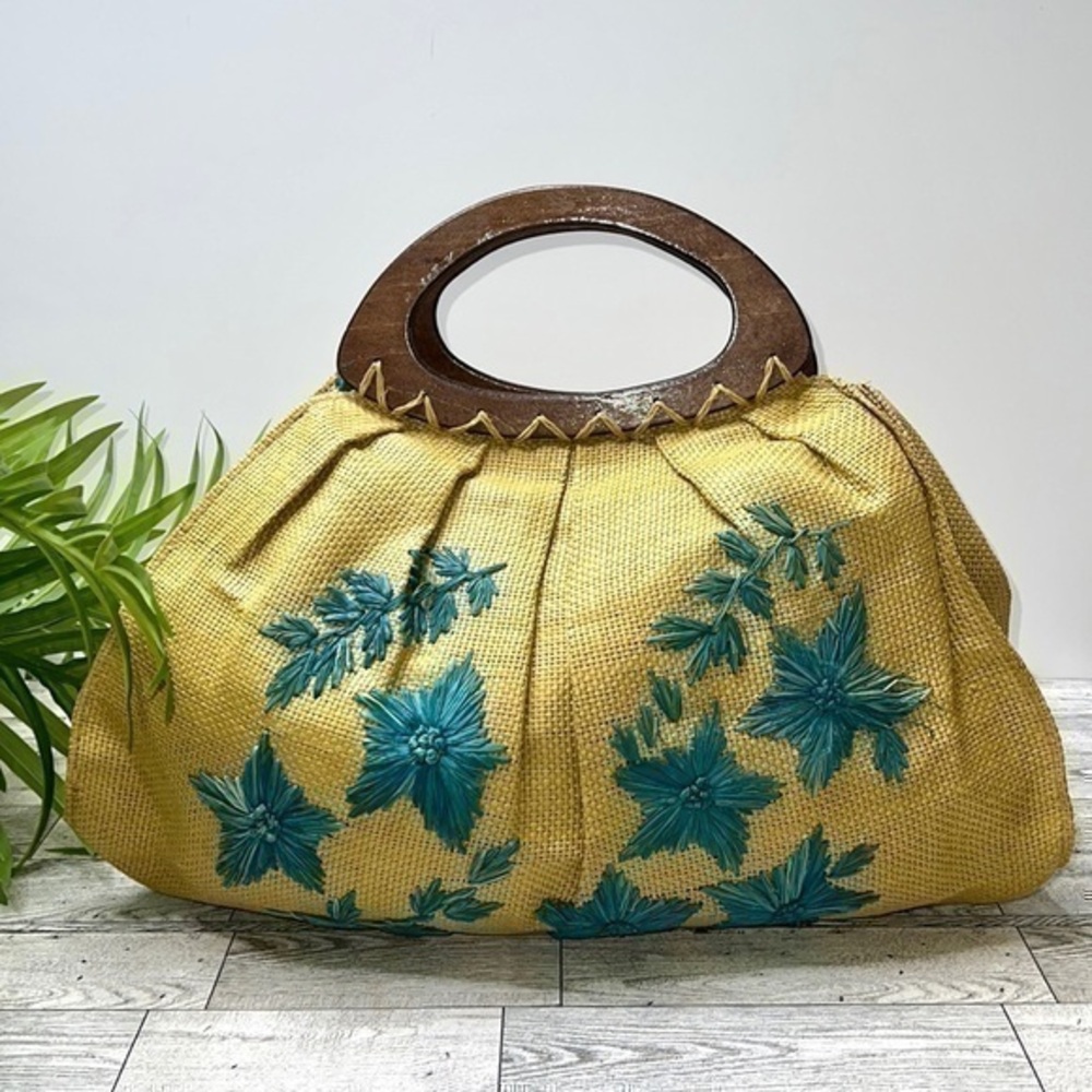 Murval Woven  Wooden Handle Blue Floral Handbag